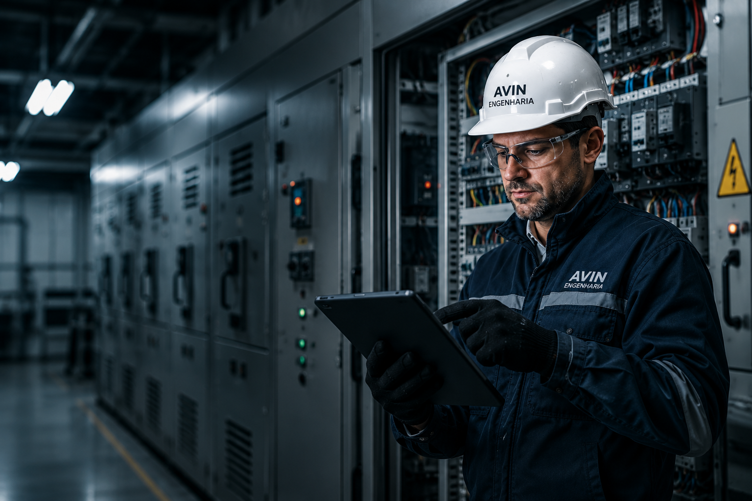 Engenheiro da AVIN Engenharia avaliando painéis elétricos industriais
